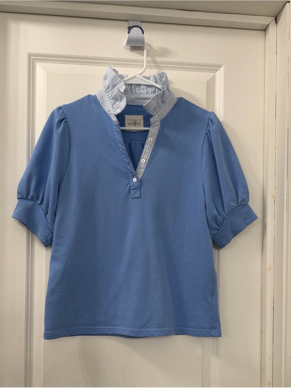 Umgee Sky Blue Puff Sleeve Polo with Striped Stand Collar Umgee